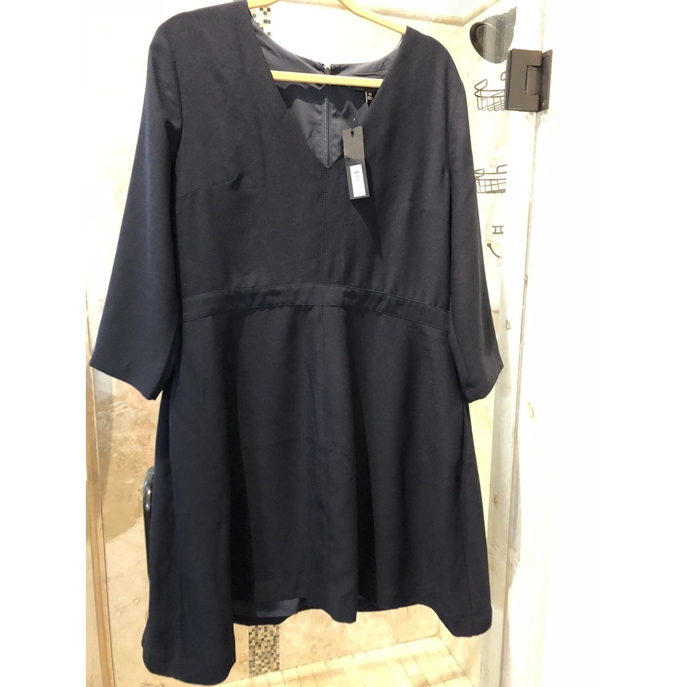 Banana Republic Navy Blue V-Neck Sheath Dress 14 Preppy 3/4 Sleeve 385858-00-1